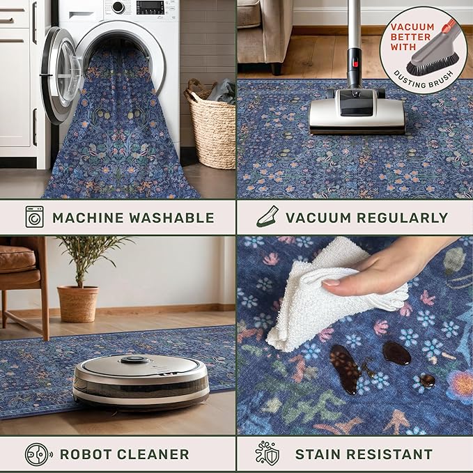 Dark Blue 3x8 Wide Hallway Runner Rugs Indoor Non Slip, 8ft Oriental Washable Rug for Kitchen, Entrance Indoor, Vintage Floral Design Low Pile & Soft Stain Resistant Carpet