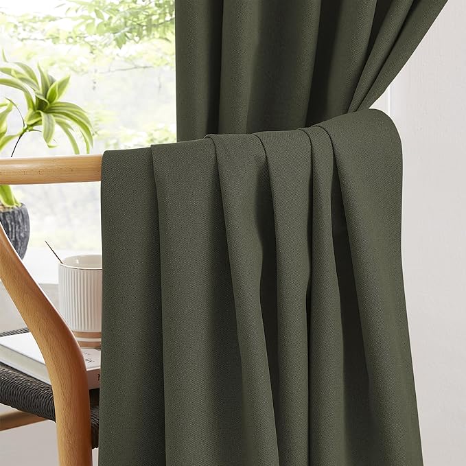 Dark Olive Green Blackout Curtains 84 Inches Long 2 Panels Set- Faux Linen - Image 5