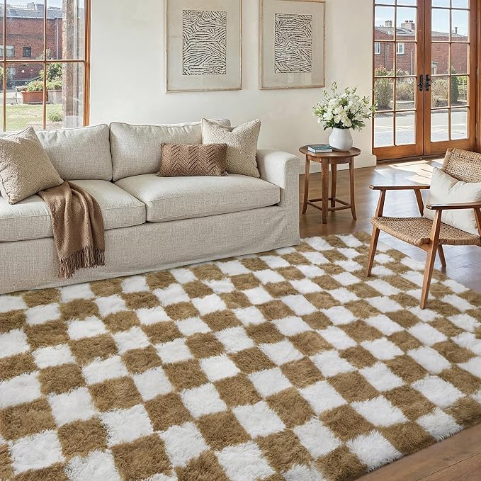 Brown Area Rug 5x8 for Living Room Soft Checkered Shag Carpet | Machine Washable - Image 4