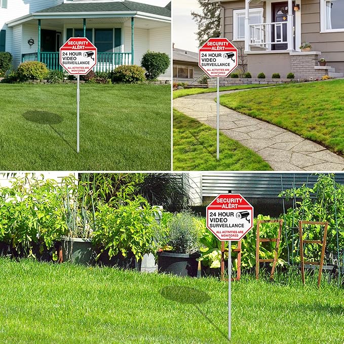 Faittoo Security Sign Video Surveillance Sign with 36" Stake for Outside, 12"x12" Rust Free Heavy Aluminum, Reflective, Fade Resistant, 2 pre-drilled holes, Includes Matching Screws & Wrench
