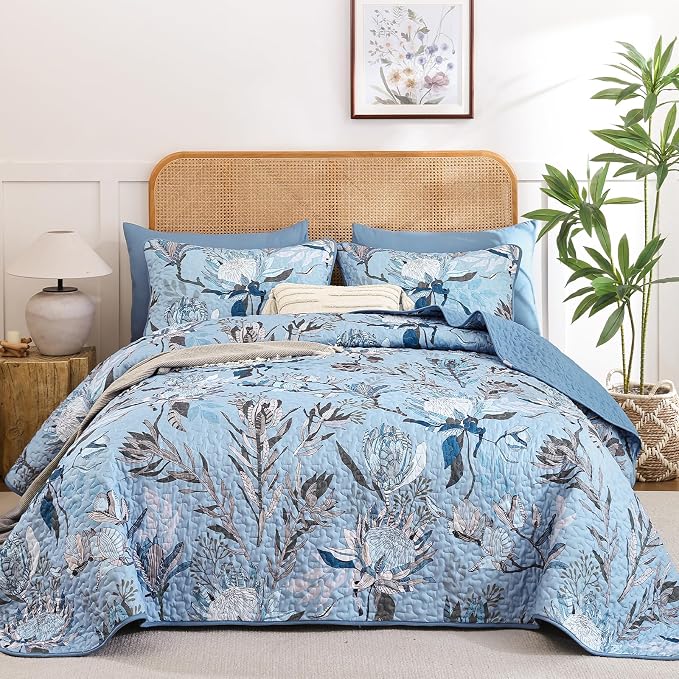 Dintszyayue Quilt Queen Size Blue, 3 Pieces Boho Floral Bedspread Bedding by Dintszyayue