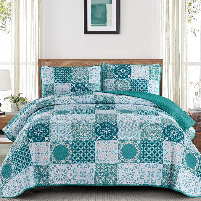 Teal Boho Quilt Set Queen Size, Plaid Patchwork Bedspreads Coverlet Set | 3Pcs by Dobuyly