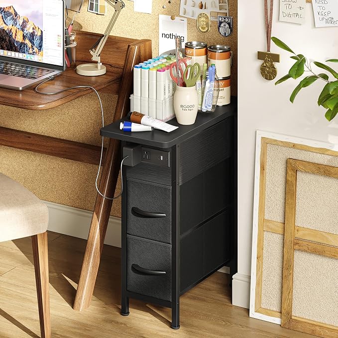 Huuger Narrow End Table with Charging Station, Side Table with 2 Drawers | Slim - Image 8