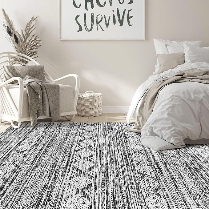 Nakagishi Boho 5x7 Area Rug Living Room Rugs Machine Washable Black White | Soft - Image 6