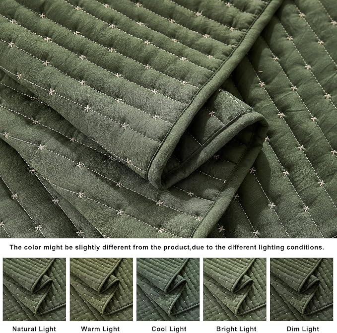 WDCOZY Olive Green Cross Stitch Twin Size Quilt Set, Striped Lightweight Soft - Image 5