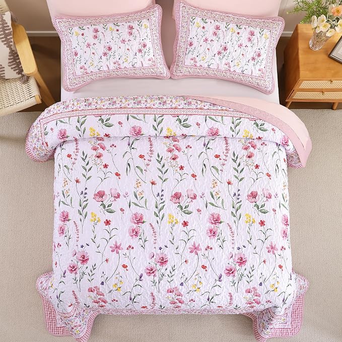 WONGS BEDDING Floral Quilt Set Queen, Microfiber Lightweight Farmhouse Bed - Image 3