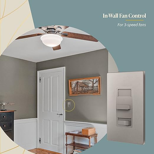TOPGREENER Kalide Light Switch and 3-Speed Ceiling Fan Control Combo, in Wall Light and Fan Combination Switch, Single Pole, 2.5A, 720W, Neutral Wire Not Required, TGSFS3-NK, Nickel