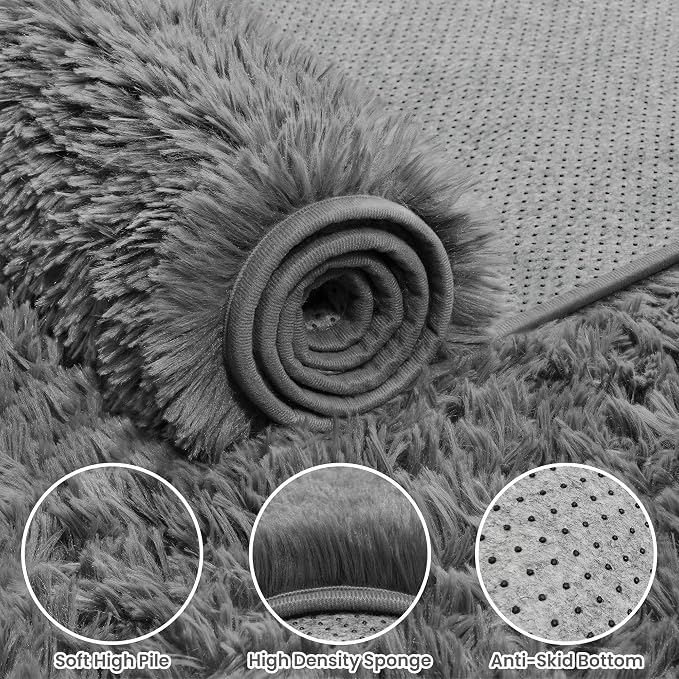 5x7 Fluffy Shag Area Rugs for Living Room Bedroom: Soft Carpet Light Gray | - Image 6