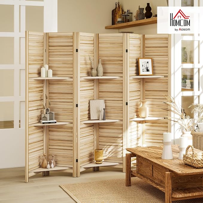 HOMCOM Room Divider with Shelves, 6 Panel, Natural Wood | Wood Privacy Screen - Image 2