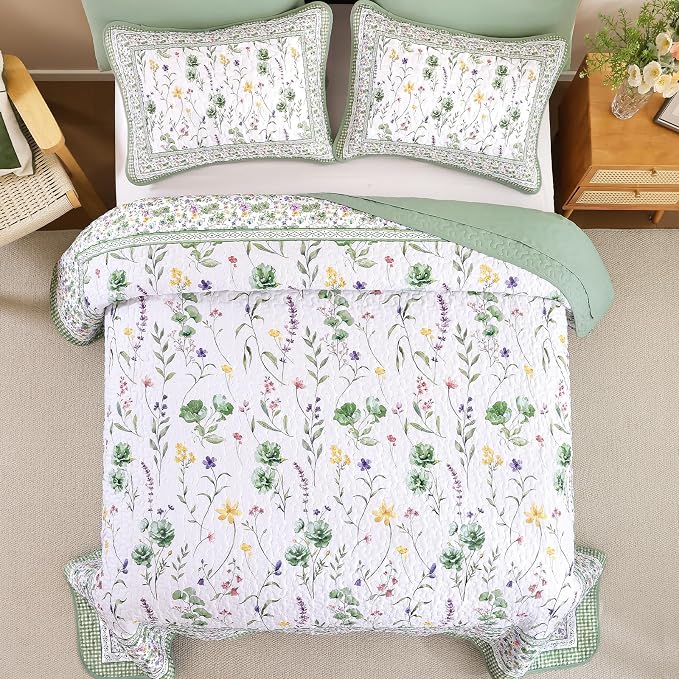 WONGS BEDDING Floral Quilt Set King, Microfiber Lightweight Farmhouse Bed Cover - Image 3