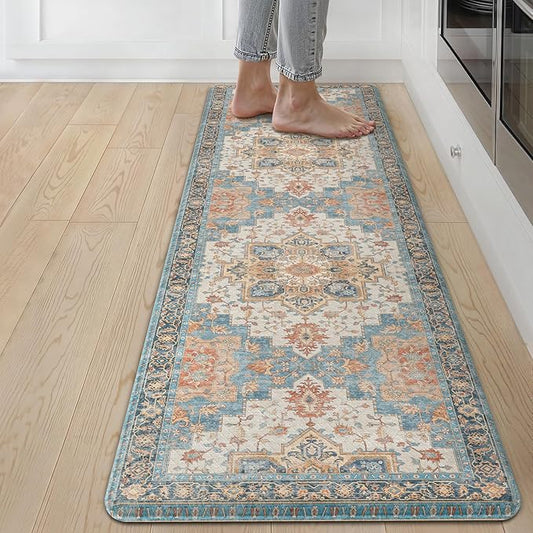 GENIMO Kitchen Mats for Floor, Washable Anti Fatigue Mat for Cushioned, 17.3"x59", Waterproof Kitchen Rugs, Non Slip Foam Comfort Standing Mat Rug for Home, Runner, Sink, Laundry, Blue&Salmon