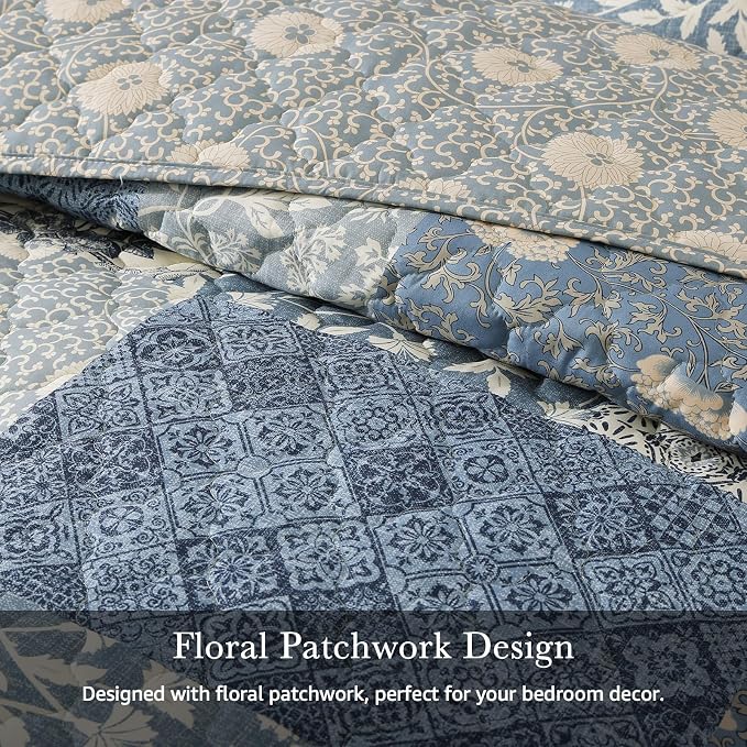Oversized Queen Quilt Set-3 Pieces Soft Bedspread Floral Patchwork Quilt | - Image 5