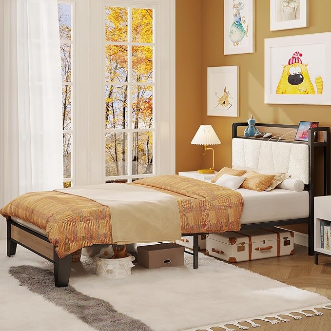 LIKIMIO Twin XL Bed Frames, Storage Headboard with Charging Station, Solid and Stable, Noise Free, No Box Spring Needed, Easy Assembly, Wood and Cream