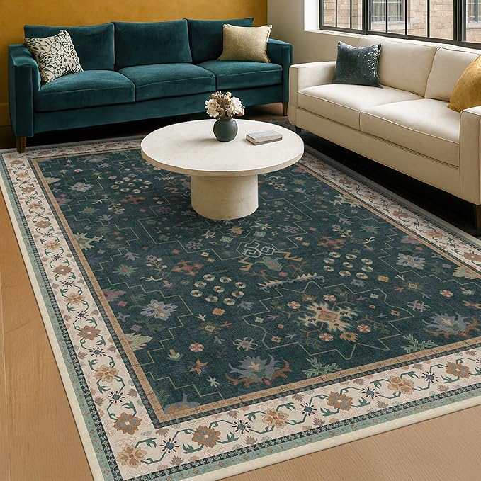 Dark Green Oushak 5x7 Living Room Rug by HazoHaus