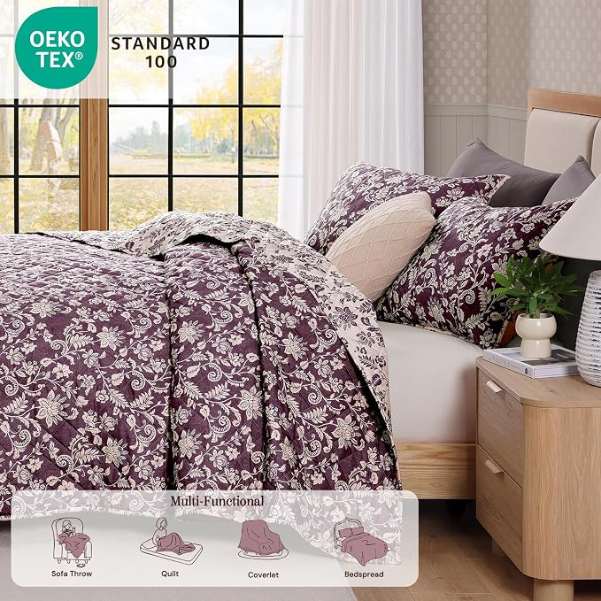 Queen Quilt Set-3 Pieces Soft Bedding Floral Reversible Coverlet | All Seasons - Image 4