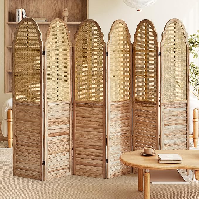 6 Panels Room Divider, Rustic Rattan Room Divider, Wood Folding Privacy Screen - Image 6