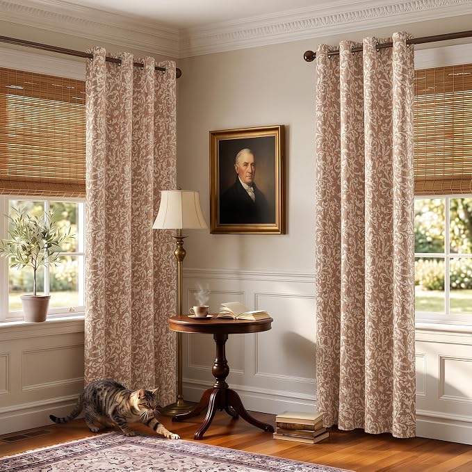 jinchan Taupe Floral Blackout Curtians 84 Inch Vintage Grommet 2 Panels | Room - Image 8