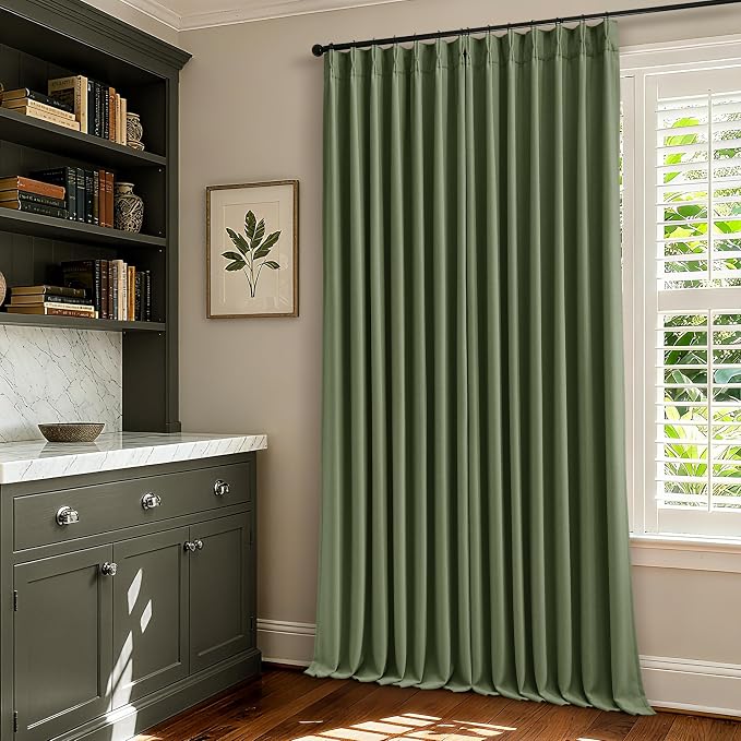 102 Inch Olive Green Linen Pinch Pleated Black Out Curtains - Image 9