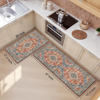 Boho Kitchen Mats for Floor 2 Piece Set Anti Fatigue Cushioned PVC Kitchen Rugs Non Slip Waterproof Farmhouse Mats 2/5 Inch Comfort Standing Mat for Sink, Laundry, 17.3"x47"+17.3"x28", Retro Red
