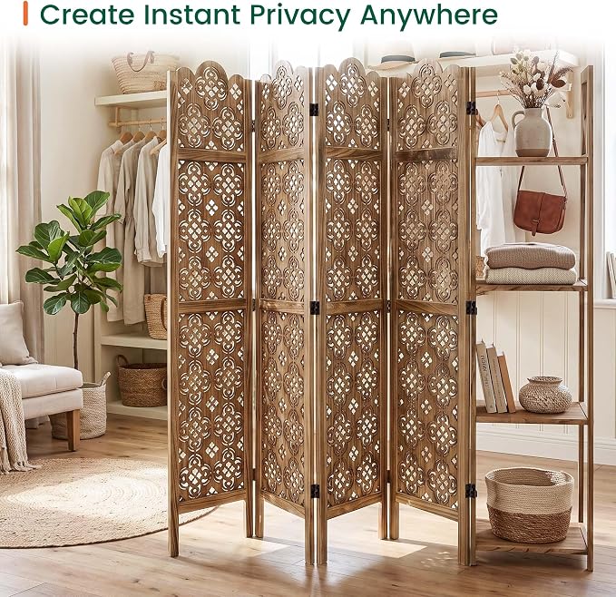 Svimi Wood Room Divider with 4-Tier Shelves, 4 Panel Privacy Screen | 4-panel - Image 8