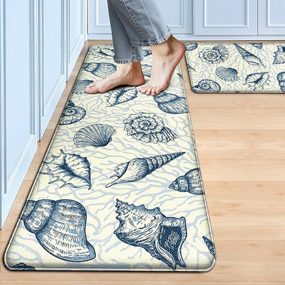 Kitchen Mats for Floor Cushioned Anti Fatigue Sets of 2 Beach Theme Kitchen Rugs Non Slip Waterproof Coastal Foam Kitchen Floor Rug Nautical Coral Seashell Comfort Standing Mat for Sink Laundry, Navy