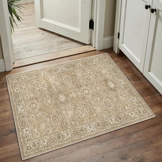 2x3 Brown Entryway Area Rug Machine Washable Doormat Kitchen Vintage Distressed Non Slip Carpet Indoor Traditional Floral Accent Throw Small Rug for Bathroom Office Bedroom Living Dining Room
