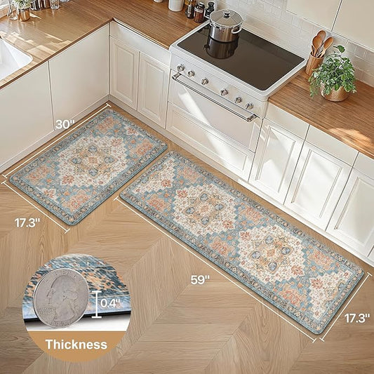 GENIMO Kitchen Mats for Floor 2PCs, Washable Anti Fatigue Mat for Cushioned, 17.3"x59"+17.3"x30", Waterproof Kitchen Rugs, Non Slip Comfort Standing Mat Rug for Home, Sink, Laundry, Blue&Salmon