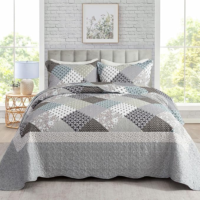 3-Piece Quilt Set Quilted Bedspread Garden Style Floral Printed Oversized by Travan