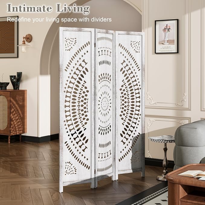 WelFurGeer Handcrafted Carved Wooden Room Divider Screen, Folding Privacy Screen - Image 2