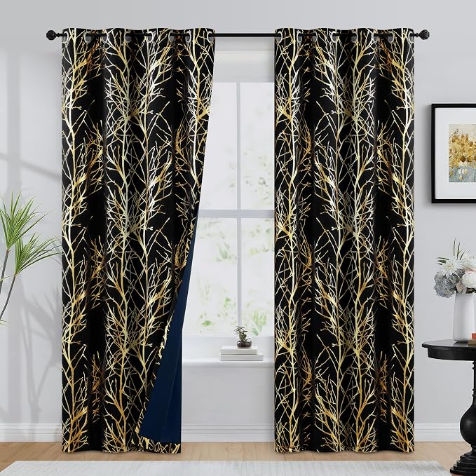FMFUNCTEX 100% Blackout Black Gold Foil Tree Curtains 84 Inch 2 Panels | - Image 2