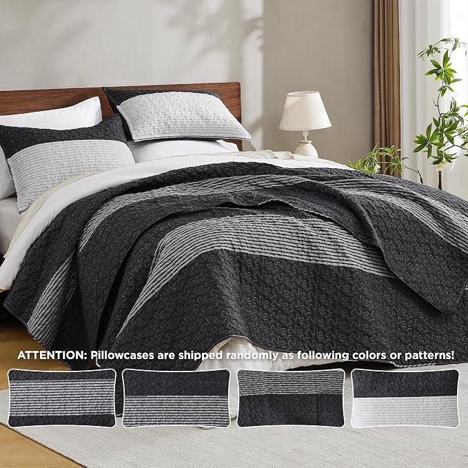 Oversized King Quilt Set Black White, 3 Pieces Stripe Bedspread | 128x120 Inch - Image 7