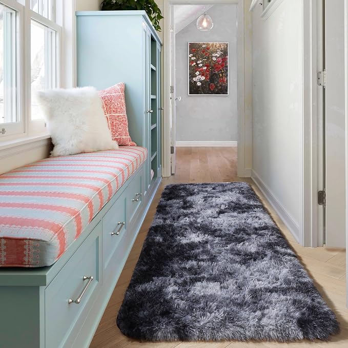 Runner Rugs for Bedroom Living Room, Fluffy Tie-Dyed Dark Grey 2x6 Bedside - Image 7