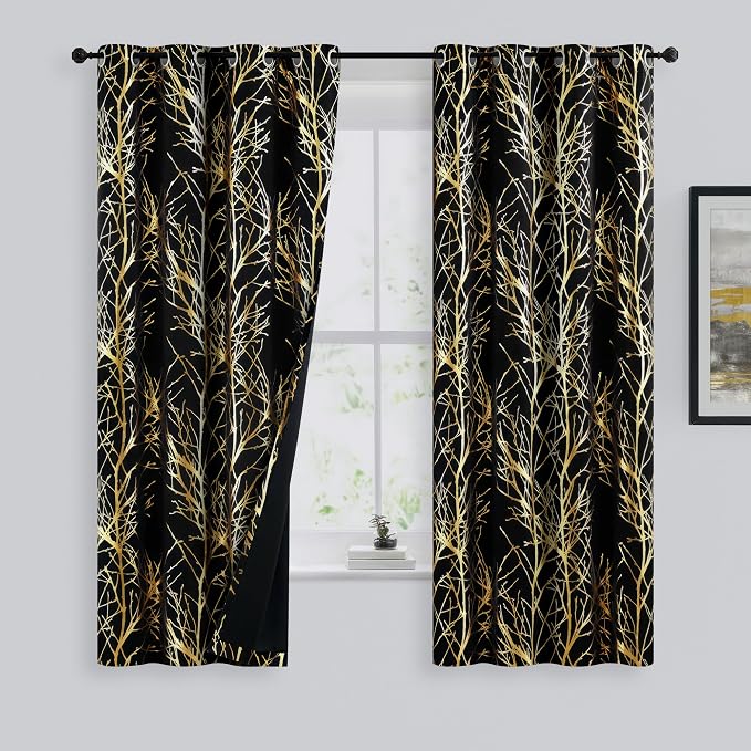 FMFUNCTEX 100% Blackout Black Gold Foil Tree Curtains 63 Inch Long 2 Panels | - Image 2