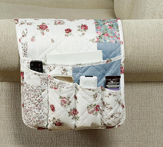 Brilliant Sunshine Pink Rose & Blue Check Couch Armrest Cover, Armrest by BrilliantSunshine