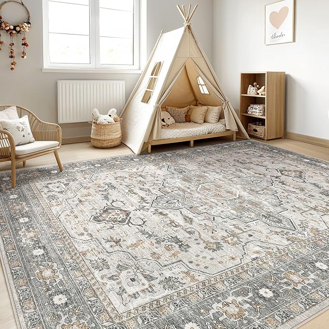 10x12 Area Rug Living Room: Washable Boho Large Neutral Vintage Soft Rugs Stain Resistant Distressed Farmhouse Non-Slip Indoor Floor Carpet for Bedroom Nursery Kids Office Dining Room- Taupe