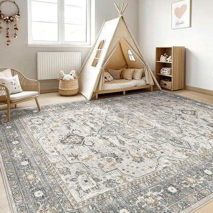 10x12 Area Rug Living Room: Washable Boho Large Neutral Vintage Soft Rugs Stain Resistant Distressed Farmhouse Non-Slip Indoor Floor Carpet for Bedroom Nursery Kids Office Dining Room- Taupe