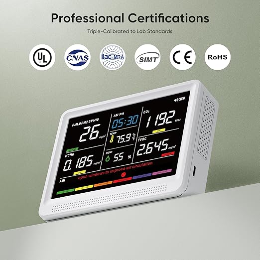 bonoch Upgrade 16 in 1 Air Quality Monitor Indoor 15h Battery & 5.5" Display 9 AQI+7 AQI Alerts, CO2 Monitor Air Quality Tester for CO2, TVOC, PM2.5 PM1.0 PM10, HCHO Temperature Humidity AQI & Time