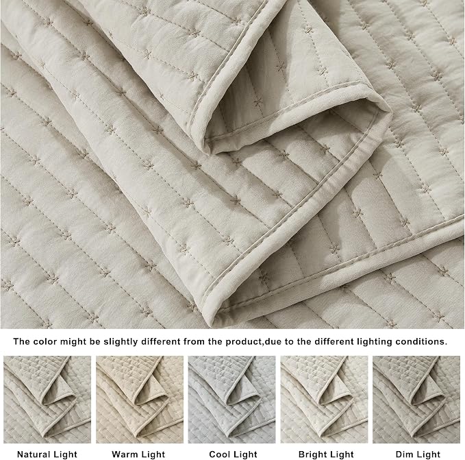 WDCOZY Beige Cross Stitch Twin Size Quilt Set, Netural Striped Lightweight Soft - Image 5