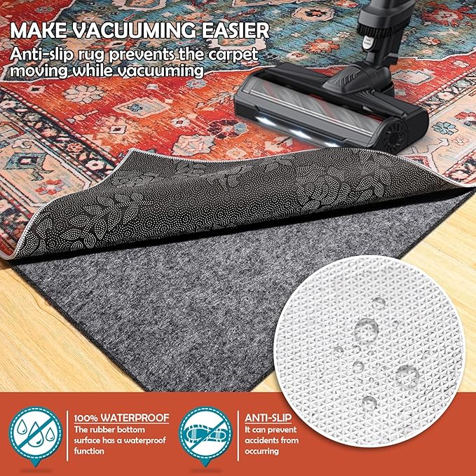 Waterproof Rug Pad, Thick 8x10 Ft Under Area Rug Carpet Pad, Non Slip Rug Pads for All Floors and Hardwood Floors Finishes, Keep Carpets in Place Soft and Prevent Rug from Wrinkling or Buckling