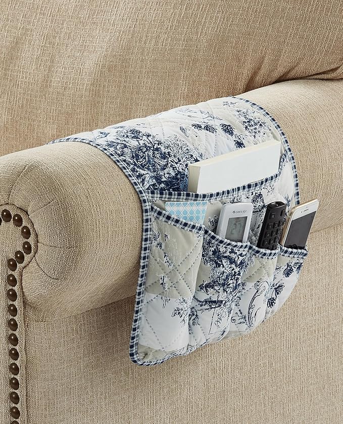 Brilliant Sunshine Blue & Beige Toile Couch Armrest Cover, Armrest Organizer & - Image 5