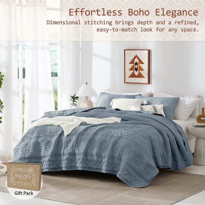 WDCOZY Boho Blue Grey Quilts Queen Size Bedding Sets - Image 2