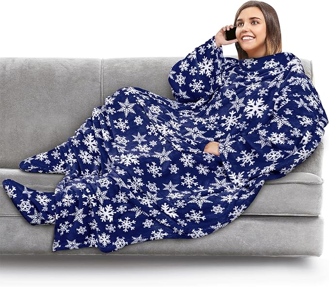 PAVILIA Fleece Blanket with Sleeves, Foot Pockets for Women Men Adults, Plush Wearable Blanket Throw Wrap, Warm Snuggle Blanket Robe, Cozy Gift Ideas Wife Mom, Snowflake Blue
