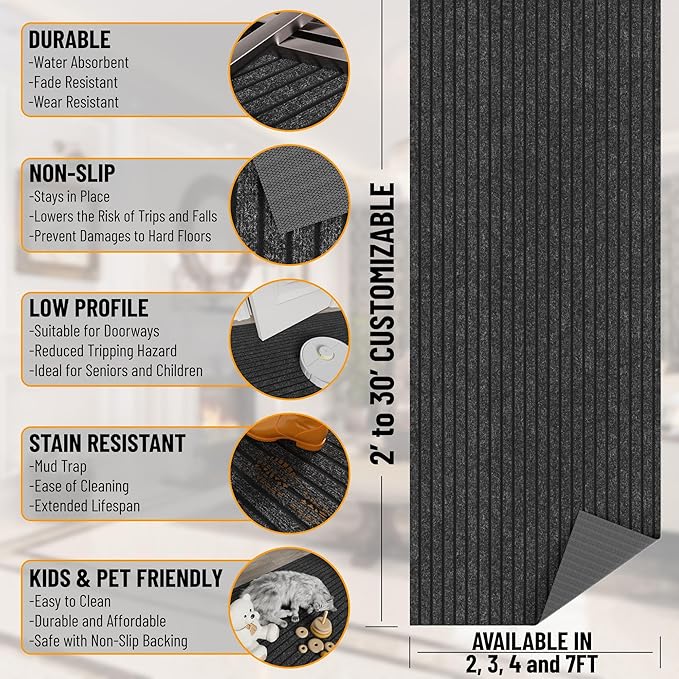 Ottomanson 2' x 24' Hallway Runner with Scraper Pile Extra Durable Non-Slip Rug Mat for Indoor & Outdoor Use - Ideal for Kitchen, Entryway, Patio & Garage - High-Traffic Carpet, Black