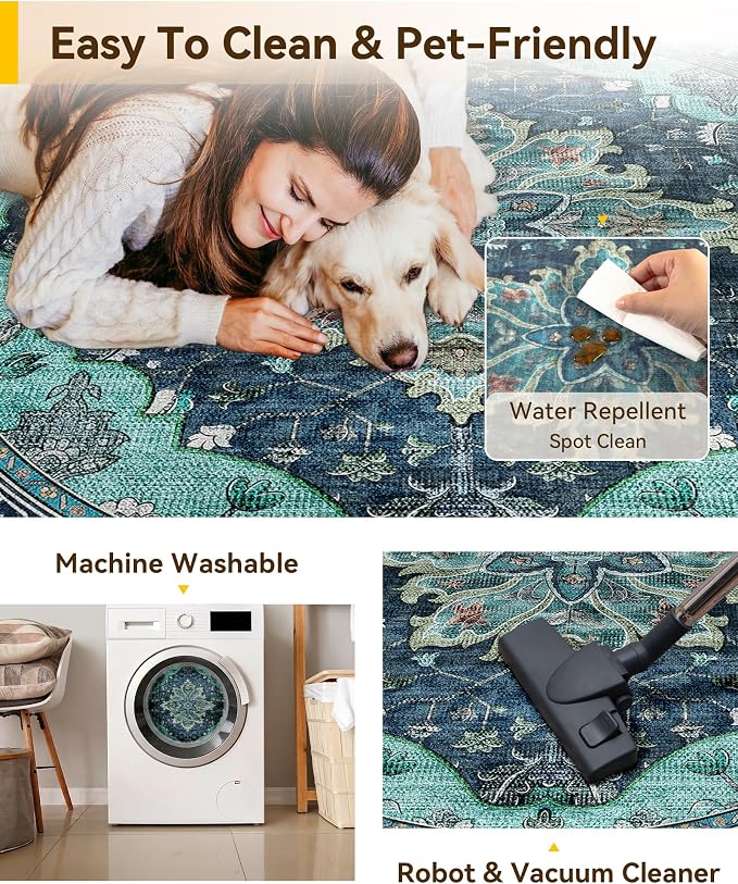 RELEANY Washable Area Rug, Round 8ft, Teal | Non-Slip, Water Repellent - Image 5