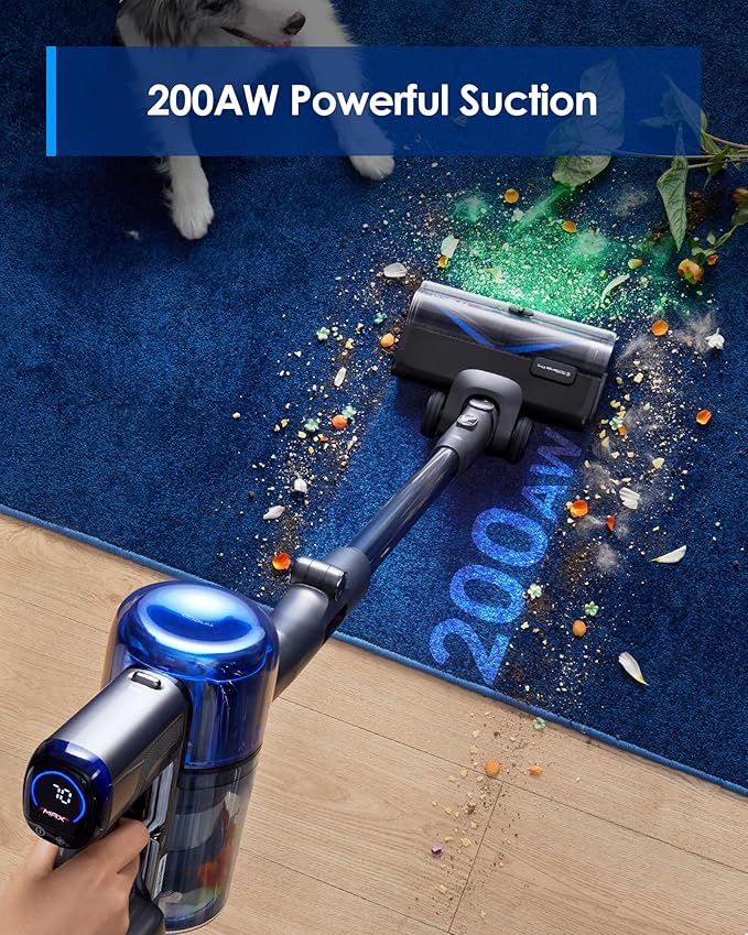 Tineco Pure ONE S70 Cordless Vacuum Cleaner, 200AW Powerful Suction, 3D Sense Pro Cleaning System, 6-Stage Filtration with 95min Runtime, Zero Tangle Brush with 180° Foldable Tube (Blue-Gray)