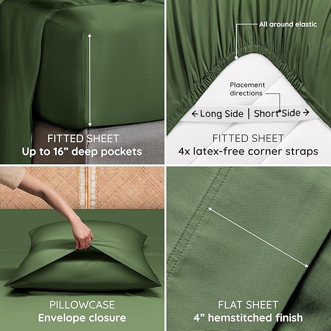 Bambaw 100% Viscose Derived from Bamboo Sheets King Size Set – 6pcs Set of Cooling Sheets for Hot Sleepers, Fits Up to 16'' Mattresses, Super Soft & Luxury Bedding Sets King (Olive)