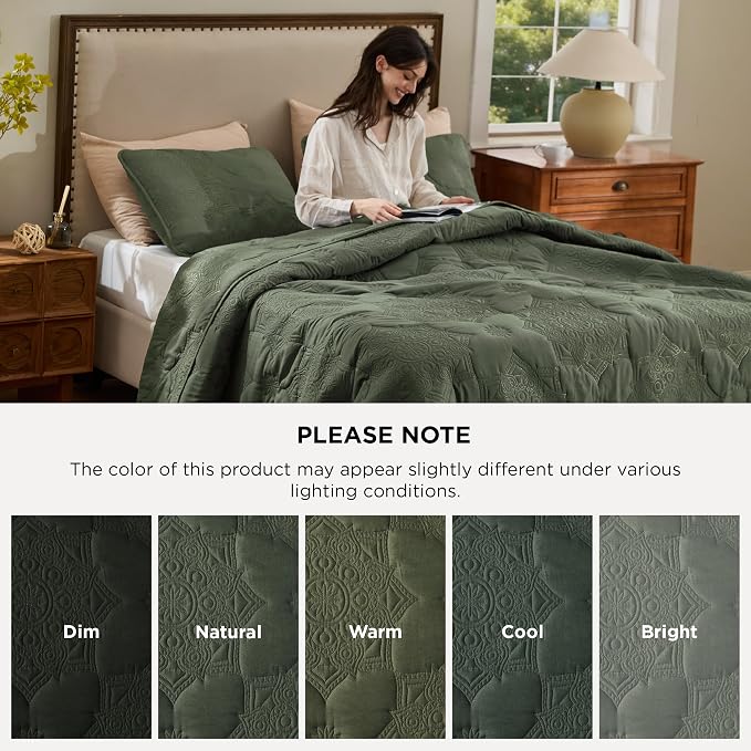 Bedsure King Size Quilt Bedspread, Thin Comforter, Olive Green Coverlet | - Image 8