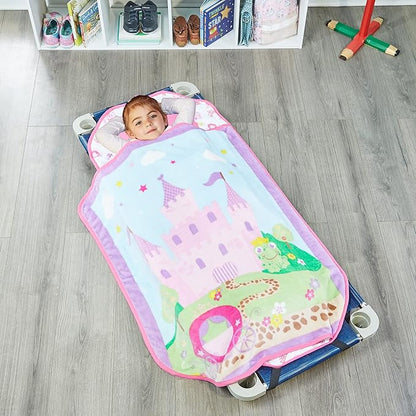 EVERYDAY KIDS Cute Preschooler and Toddler Cot Nap Mat for Home, Daycare, Preschool and Kindergarten; Easy to Roll Sleeping Mat with Elastic Straps, Pillow and Blanket
