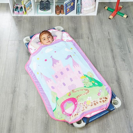 EVERYDAY KIDS Cute Preschooler and Toddler Cot Nap Mat for Home, Daycare, Preschool and Kindergarten; Easy to Roll Sleeping Mat with Elastic Straps, Pillow and Blanket
