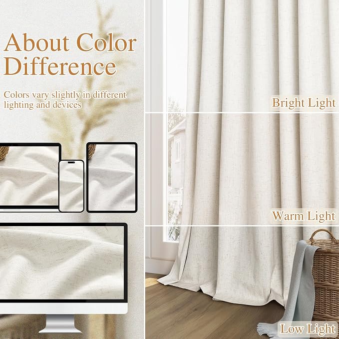 100% Blackout Linen Curtains for Bedroom 62 Inches Long Natural Cream Black Out - Image 7